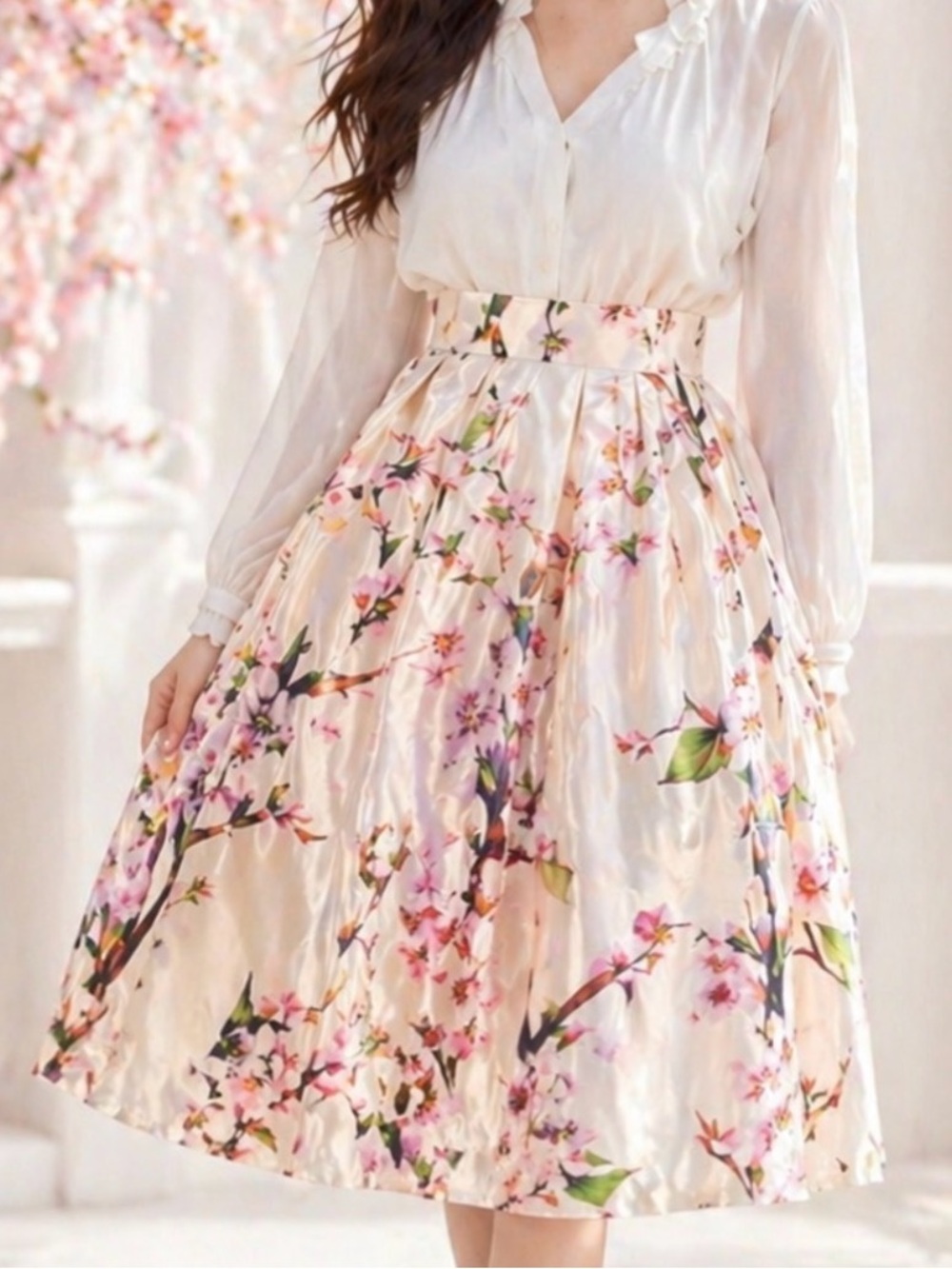Choies Cherry Blossoms 🌸 white Cream A-Line Skirt with Pink Floral Print